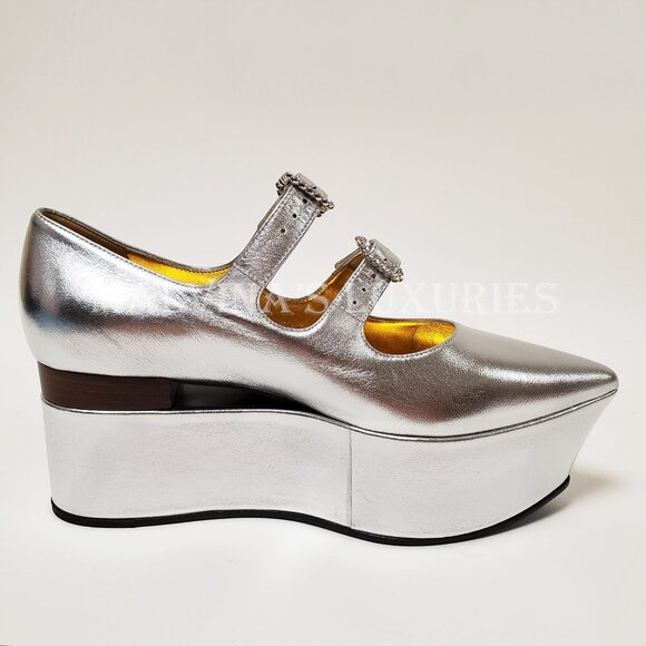 GUCCI SHOES SILVER LEATHER CUT OUT WEDGE PUMP CRYSTAL BUCKLES - Picture 5 of 13